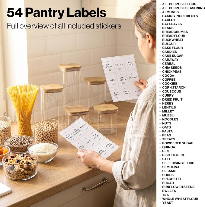 EDELHAUS Glass Storage Containers with Lids - Canister for Pantry Food | Bamboo Lids White Labels Set of 5 - cereal flour sugar rice coffee tea spice pasta noodles dry goods 54 pre-printed labels