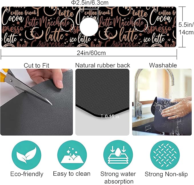 Kitchen Sink Splash Guard Faucet Mat Super Absorbent Fast Drying Mat Sink Gadgets Splash Guard Behind Faucet Drip Catcher for Kitchen (Coffee, 23.5x5.5in)