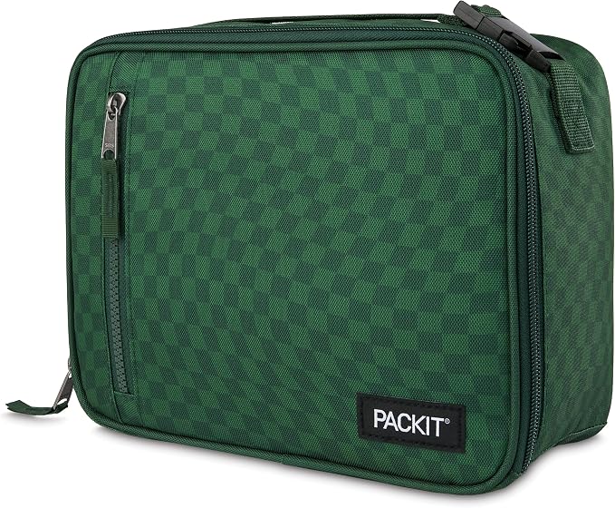 PackIt Freezable Classic Lunch Box, Checker Wave Olive, Built with EcoFreeze Technology, Collapsible, Reusable, Zip Closure With Zip Front Pocket and Buckle Handle, Designed for Fresh Lunch On the Go