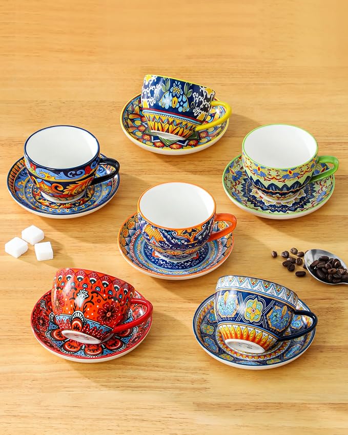 vancasso 8oz Cappuccino Cups with Saucers, Bohemian Coffee Cup for Latte, Espresso, Tea Porcelain Tea Cups and Saucers Set of 6 Teacup Microwave & Dishwasher Safe