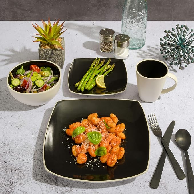 Gibson Soho Lounge Square Reactive Glaze Stoneware Dinnerware Set, Service for 4 (16pc), Black/white