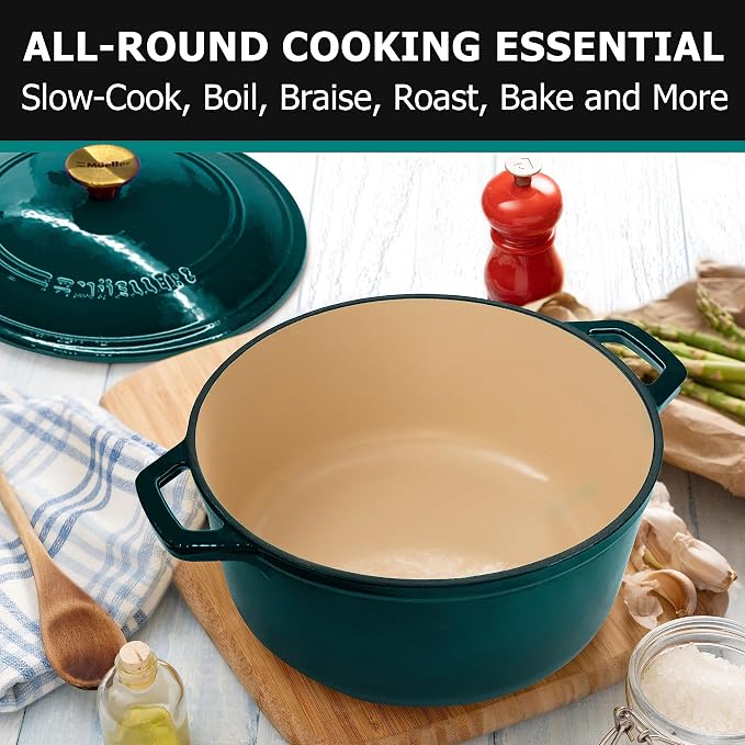 Mueller DuraCast 6 Quart Enameled Cast Iron Dutch Oven Pot with Lid, Sourdough Bread Baking, PFOA-Free, 500°F Oven Safe - All Cooktops incl. Induction, Braising & Slow Cooking, Emerald