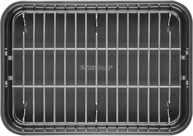 Farberware Bakeware Nonstick Roaster with Flat Rack, Roasting Pan with Rack For Home Cooking, 11-Inch x 15-Inch, Gray