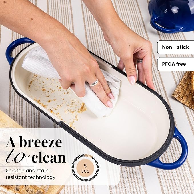 Enamelled Cast Iron Bread Loaf Pot – Dutch Oven For Sourdough Bread Baking – Oven Safe Non Stick Bread Pot – Rectangular, Dark Blue, 34cm x 16cm – by Nuovva