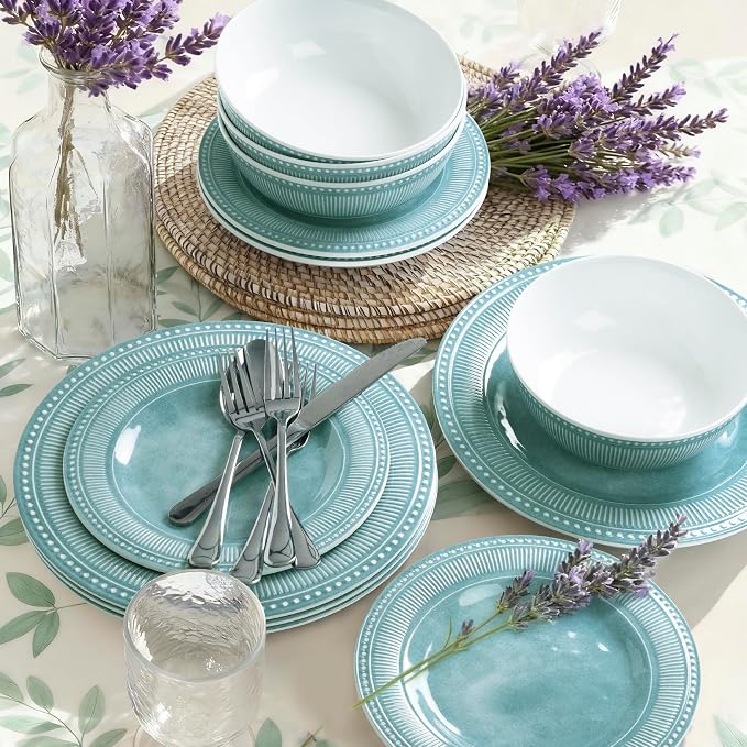 AELS Melamine Dinnerware Set of 12 Pcs, Dinner Dishes Set for Indoor and Outdoor Use, Melamine Plates and Bowls Set for 4, Dishwasher Safe, Lightweight Unbreakable, BPA Free, Green