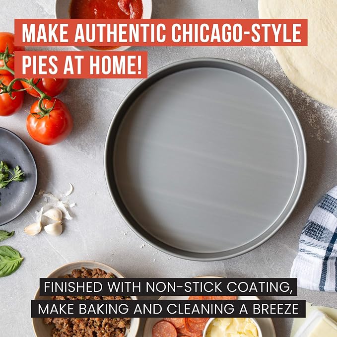 Chef Pomodoro Chicago Deep Dish Pizza Pan, 12 Inch Hard Anodized Aluminum | Pre-Seasoned Nonstick Pizza Pan for Oven, Great for Casseroles, Pies & Deep Dish Desserts, Heavy Duty Round Bakeware