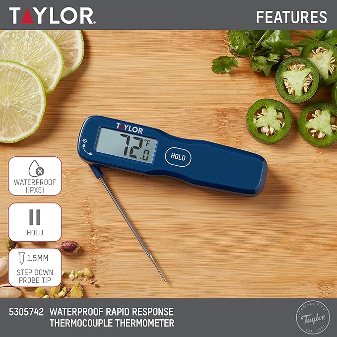 Taylor Digital Waterproof Rapid Response Thermocouple Folding Food Thermometer, Instant Read Thermometer for Meat Grilling BBQ Cooking and Kitchen, Blue