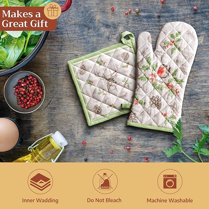 Maison d' Hermine Pot Holders 100% Cotton Heat Resistant Potholders 8" x 8" Hot Pads with Loop for Thanksgiving Christmas Decorations BBQ Cooking Baking Handling Hot Pans (Pack of 1, Christmas Dew)