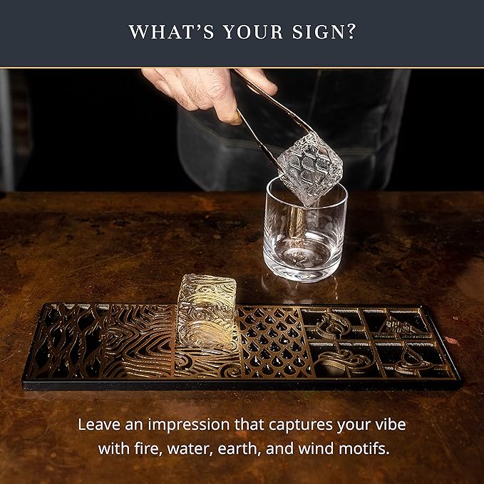 Clear Ice Cube Maker Design Tray - Craft Modern Ice Molds for Bourbon & Cocktails in 5 Seconds - Whiskey Mold Cube Stamp – Bartender Accessories - Copper Ice Press Cocktails by Ash Harbor (Elements)