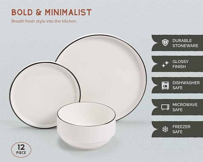 Vase and Vessel Ceramic Dinnerware Set, 12-Piece Service for 4, Round, Microwave and Dishwasher Safe, Cambridge Classics (French)