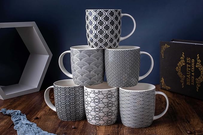 Set of 6 11.5 oz Coffee Mugs with Black and White Geometric Patterns, Ceramic Tea Cup Set