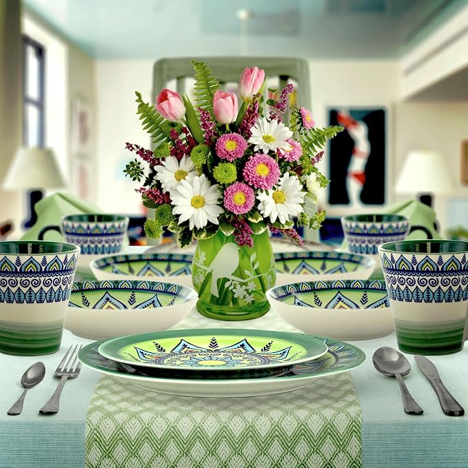 Elama Zen Green Mozaik 16 Piece Luxurious Stoneware Dinnerware with Complete Setting for 4, 16pc