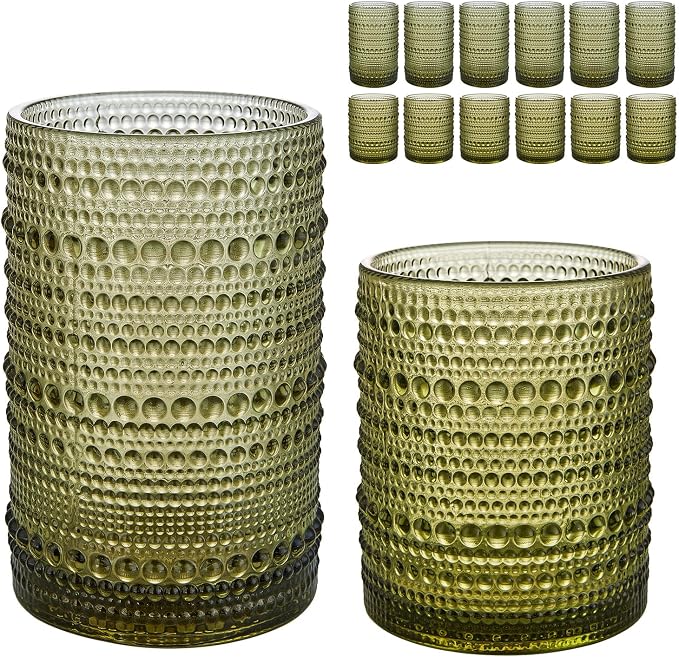 HomeVogue Vintage Hobnail Drinking Glasses Set of 12, 15 oz Highball Glasses & 12 oz Cocktail Glasses Set, Green Kitchen Water Glasses Cup, Bar Tumbler Glassware Set for Beer, Juice, Whiskey, Milk