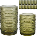 HomeVogue Vintage Hobnail Drinking Glasses Set of 12, 15 oz Highball Glasses & 12 oz Cocktail Glasses Set, Green Kitchen Water Glasses Cup, Bar Tumbler Glassware Set for Beer, Juice, Whiskey, Milk