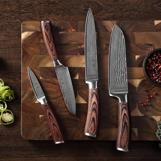 Wakoli EDIB 4-Piece Damascus Knife Set – Professional Kitchen Knife Set, 67-Layer Genuine Damascus Steel, High Carbon Stainless Steel Core (VG10), Ergonomic Pakkawood Handles, In Elegant Gift Box