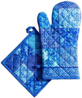 Maison d' Hermine 100% Cotton Oven Mitt & Pot Holder Set (7.5"x13" & 8"x8") Heat Resistant BBQ Cooking Gloves with Loop Baking Grilling Kitchen Gifts for Mothers Day Spring/Summer (Indigo Love)