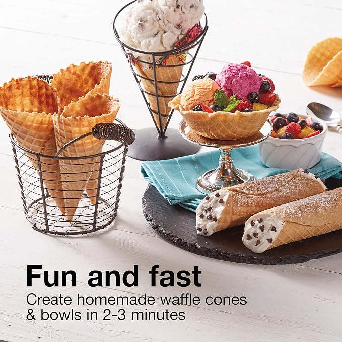Proctor Silex Waffle Cone and Ice Cream Bowl Maker With Browning Control | Fun And Fast, Cooks In 2-3 Minutes | Includes Cone Shaper Roller & Cup Press | 7.5” PFAS-Free Non-Stick Plates | White