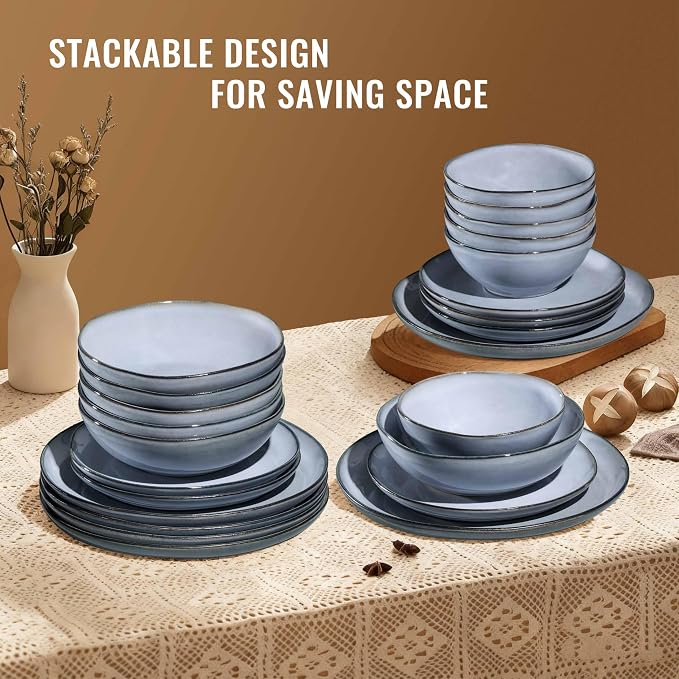 Herogo Stoneware Dinnerware Sets for 6, 24 Piece Ceramic Dinner Dishes Set, Irregular Handmade Plates and Bowls Dishware, Crack and Scratch Resistant, Reactive Glaze, Smoky Blue
