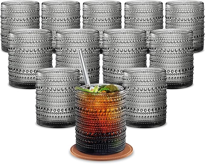 12 Oz Hobnail Drinking Set, Smokey Gray, Set of 12 | Vintage Embossed Glassware, Textured Tumblers, Includes Straws and Coasters, For Water, Beer, Cocktails, Mocktails, Whiskey