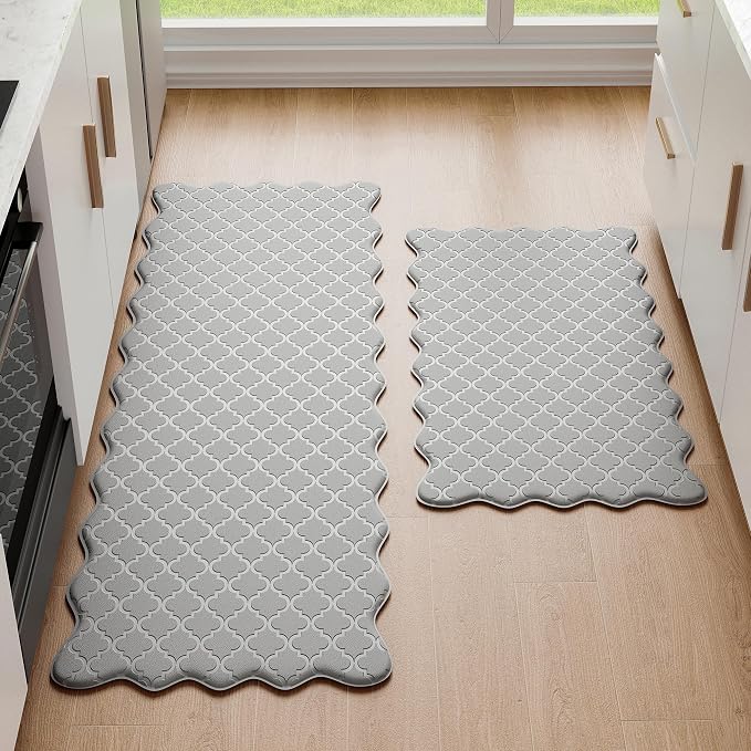 Arenarug Upgrade Scalloped Embossed Kitchen Mats for Floor 2PCS Cushioned Anti Fatigue Waterproof Foam Kitchen Rugs Non Slip Washable Comfort Standing Mat for Sink Laundry, 17.3"x30"+17.3"x59", Grey