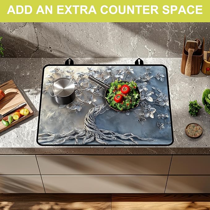 Glass stove top cover 28"x 20", Stove Top Covers for Electric Stove, Flat Range Mat for Glass Cooktop, Kitchen Heat-Resistant Protector Mat Non-Slip Drying Ma (Silver Tree)