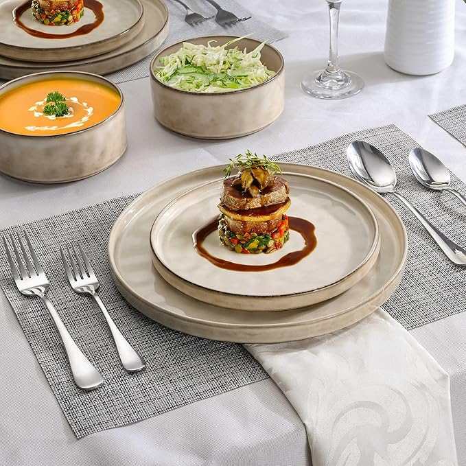 LIANYU Stoneware Dinnerware Set, 6 Piece Plates and Bowls Sets for 2, Ceramic Dish Set Includes Dinner Salad Plates, Cereal Bowls, Microwave & Dishwasher Safe, Sandy Beige