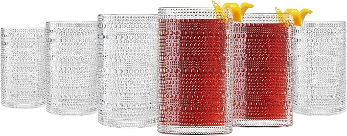 Khen Plastic Hobnail Drinking Highball Glasses Set of 6 Clear Color Cups 14oz, Shatterproof & Unbreakable Acrylic Beaded Design, BPA-Free, Dishwasher Safe Indoor/Outdoor Drinkware for Water, Cocktails