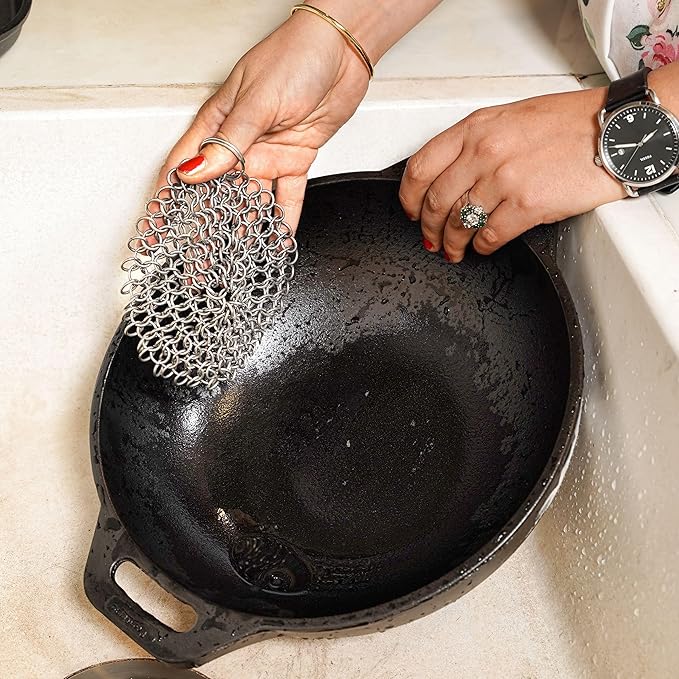 Mythrojan Cast Iron Scrubber Premium 316L Stainless Steel Skillet Cleaner 5 Pack Cast Iron Chaimail Scrubber for Pan, Hard Anodized Cookware, Dutch Oven BBQ Grill, Wok, Cooking Pot
