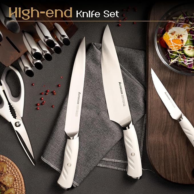 Astercook Knife Set Kitchen with Block and Dual Sharpener Full Tang 15 Pcs German Stainless Steel Knives Dishwasher Safe Kitchen Utensils Set with Anti-slip Ergonomic Handle, Elegant White