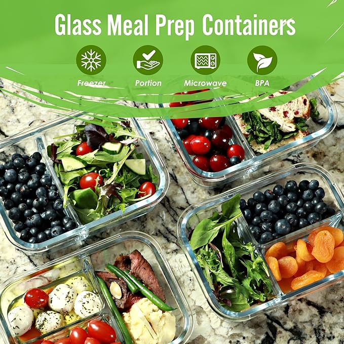 FIT Strong & Healthy 4-Pack 2 & 3 Compartment Glass Meal Prep Containers & 32oz Glass Water Bottle with Straw Lid, Time Marker, Sleeve & Extra Lid (Black)