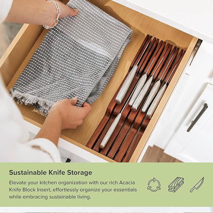 KitchenEdge Acacia Wood Kitchen Knife Block Holder Organizer - Holds 5 Long + 6 Short Knives (Not Included), Fits Most Knife Sizes, Rubber Feet, Premium Food-Safe Finish, In-Drawer Design (Pack of 2)
