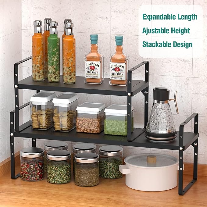 SUZLON Expandable Metal Shelf, 4-Tier Heavy Duty Kitchen Counter Shelf Organizer, Adjustable Shelf for Cabinet, Pantry, Countertop, 80lbs Capacity