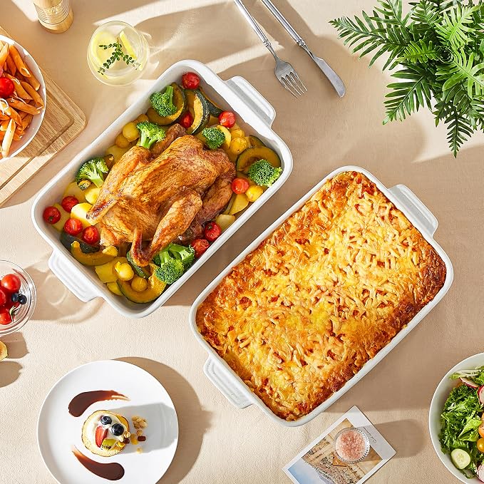 MALACASA 9x13 Ceramic Baking Dish, 4.8 QT Deep Casserole Dish with Handles, Oven Safe Lasagna Pan for Baking, Roasting & Serving, Rectangular Bakeware, Khaki & White, Tara
