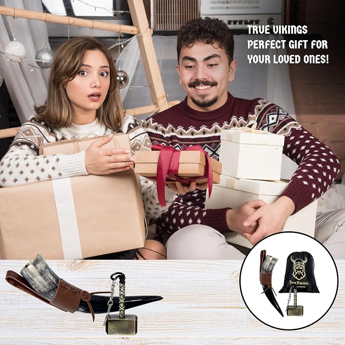 Drinking Horn — 10-12 Inch Viking Gifts for Men & Women | With Thor Bottle Opener & Stand | Handmade & Real Ox Horns | Norse Viking Cup Perfect For Beer, Ale, Mead (12 Oz) (Natural Polished)