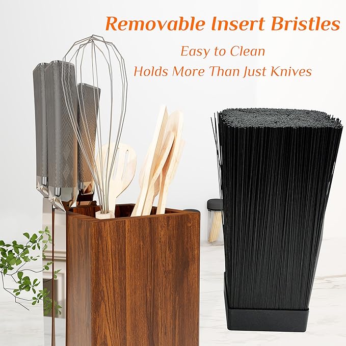 Brosisincorp 360° Rotating Magnetic Knife Block without Knives - Universal Holder for Counter Top with Removable Bristles, Acacia Wood