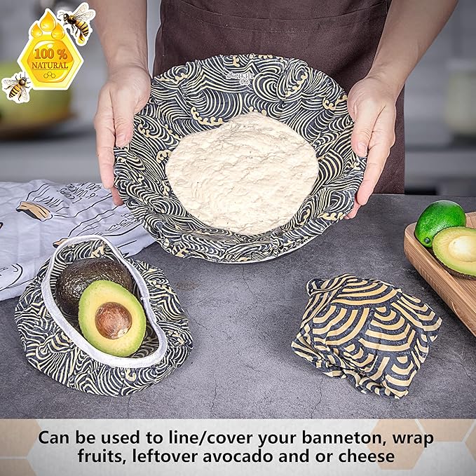 Beeswax Bowl Covers Set of 5 (XS–XL) – Reusable Elastic Food Covers for Bowls – Organic Cotton with Beeswax, Washable & Plastic-Free | Li’l Things – Japanese Waves