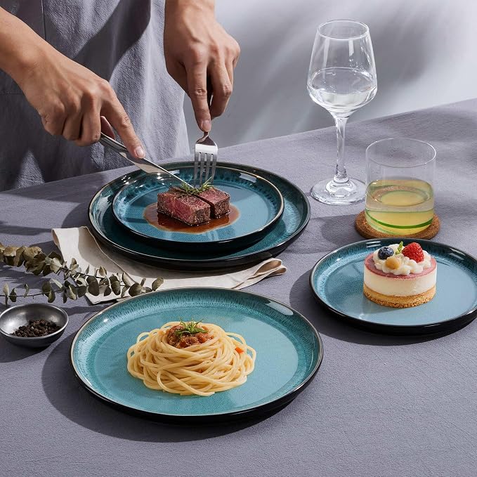 LIANYU Stoneware Dinnerware Sets with Pasta Bowls, 16 Piece Plates and Bowls Dishes Set for 4, Dishwasher Safe Dining Ware Dishware for Home Kitchen, Microwave Safe, Pastel Turquoise