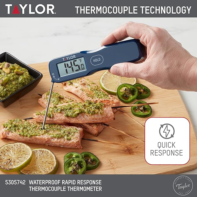 Taylor Digital Waterproof Rapid Response Thermocouple Folding Food Thermometer, Instant Read Thermometer for Meat Grilling BBQ Cooking and Kitchen, Blue