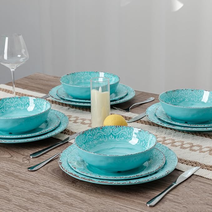 12-Piece Farmhouse Dinnerware Set, set of 4, 100% Melamine Dishes Serving Set with Plates and Bowls, Non-breakable and Lightweight Dinner Set for indoor and outdoor entertaining, Light Teal