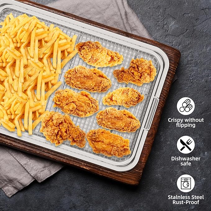 Air Fryer Basket for Oven, 2 Set Air Fryer Pan and Crisper Tray, YEPATER 18.7" x 12.8"&15.7" x 11.6"Large Size Stainless Steel Air Fryer Pan and Crisper Tray with 60 PCS Parchment Paper for Baking