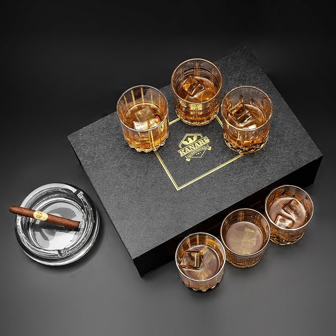 KANARS Crystal Whiskey Glasses, Mixed 10 Oz Scotch Glasses Set of 6, Rock Bar Tumblers 3 Patterns in Luxury Gift Box for Birthday, Anniversary, Housewarming, Father's Day and Wedding