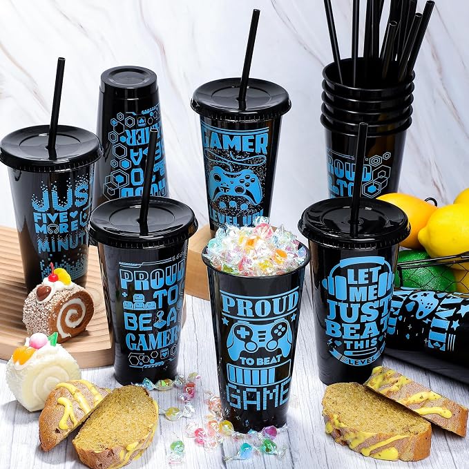Kochorie 24 Pieces Video Game Plastic Cups 24 Ounces Gaming Party Cups with Lids and Straws Black Blue Video Game Tumbler Cups for Birthday Party Video Game Party Supplies Tableware