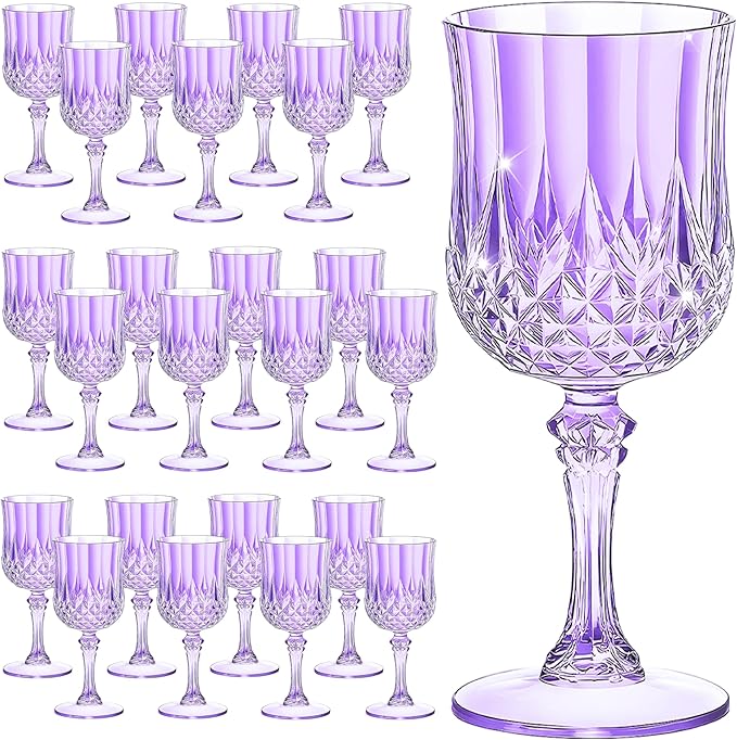 7OZ Plastic Wine Glasses, Reusable Vintage Goblets Unbreakable Drinking Glasses Crystal Water Cups Champagne for Wedding, Parties (24, Light Purple)