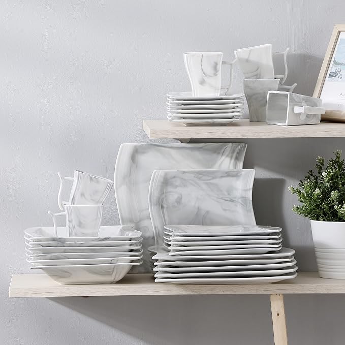 MALACASA Plates and Bowls Sets, 30 Piece Porcelain Dinnerware Sets for 6, Square Dinnerware Set with Dinner Plate, Dessert Plate, Soup Plate, Cup and Saucer, Modern Dish Set, Marble Grey, Series Flora