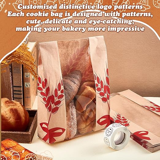 Gueevin 100 Pcs Kraft Paper Bread Bag for Homemade Bread Large Sourdough Loaf Bag with Clear Window Bakery Food Package Storage with 500 Pcs Sticker for Popcorn Cookies, 14x8.3x3.2''