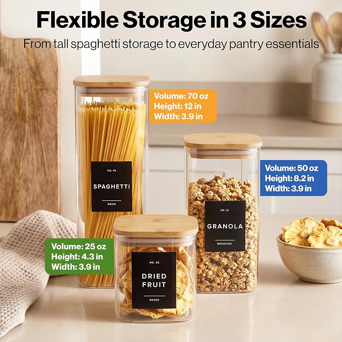 EDELHAUS Glass Storage Containers with Lids - Canister for Pantry Food | Bamboo Lids Black Labels Set of 5 - cereal flour sugar rice coffee tea spice pasta noodles dry goods 54 pre-printed labels