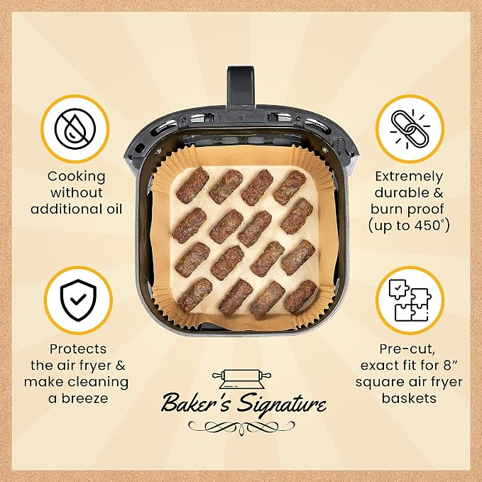 500Pcs Air Fryer Liners Disposable, Non-Stick and Oil Proof for Easy Cleanup Airfryer Liners, 8” Square for 5-8 qt Basket by Baker's Signature