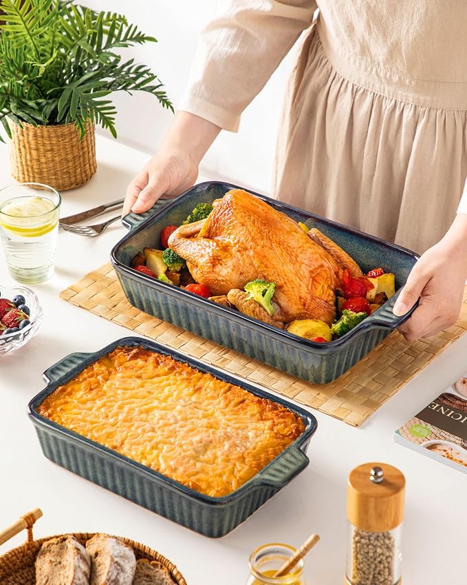 vancasso Ceramic Casserole Dishes for Oven, Reactive Glaze Bakeware Set of 4, Deep Rectangular Baking Dishes with Handles, Lasagna Pan Set, Microwave & Dishwasher Safe, Green (9.4"/11.1"/12.2"/14.7")