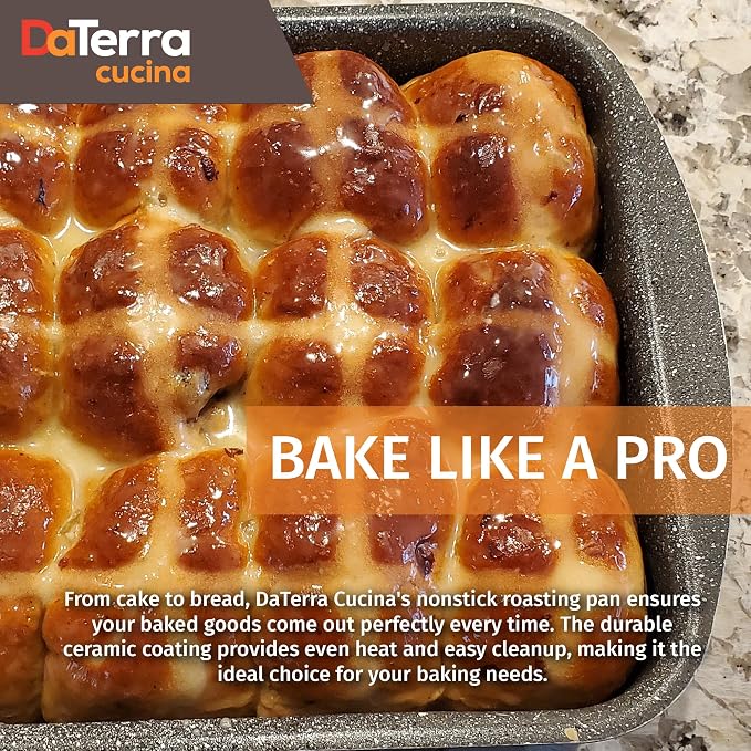 DaTerra Cucina Nonstick Roasting & Lasagna Pan – 16"x12"x3", Ceramic-Coated, Oven & Stovetop Safe to 600°F, Sturdy Base, PTFE, PFOA & Lead-Free, Durable & Stylish Deep Roasting Tray - Made in Italy