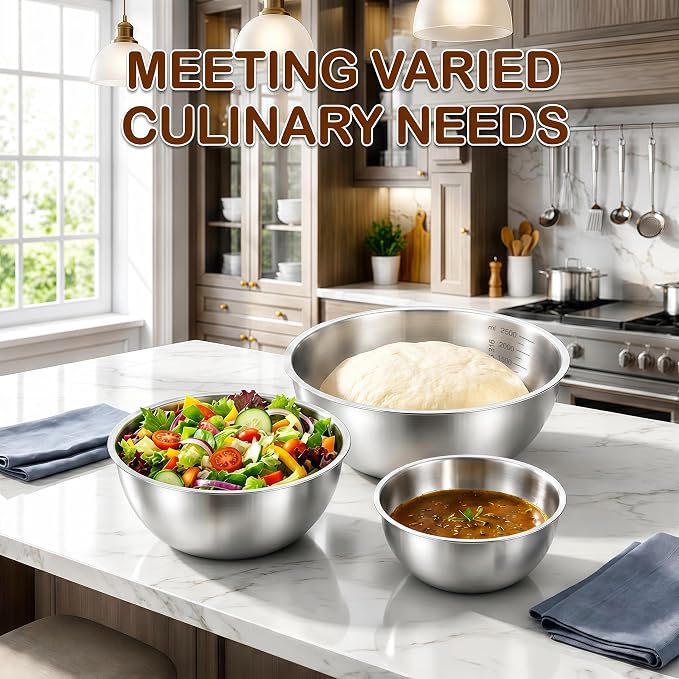 Stainless Steel Mixing Bowls Set of 3, 1.5/2.5/4 Qt Metal Mixing Bowl Set for Baking, Salad, Cooking & Meal Prep, Nesting Stainless Steel Bowls with Measurement Marks, Dishwasher Safe